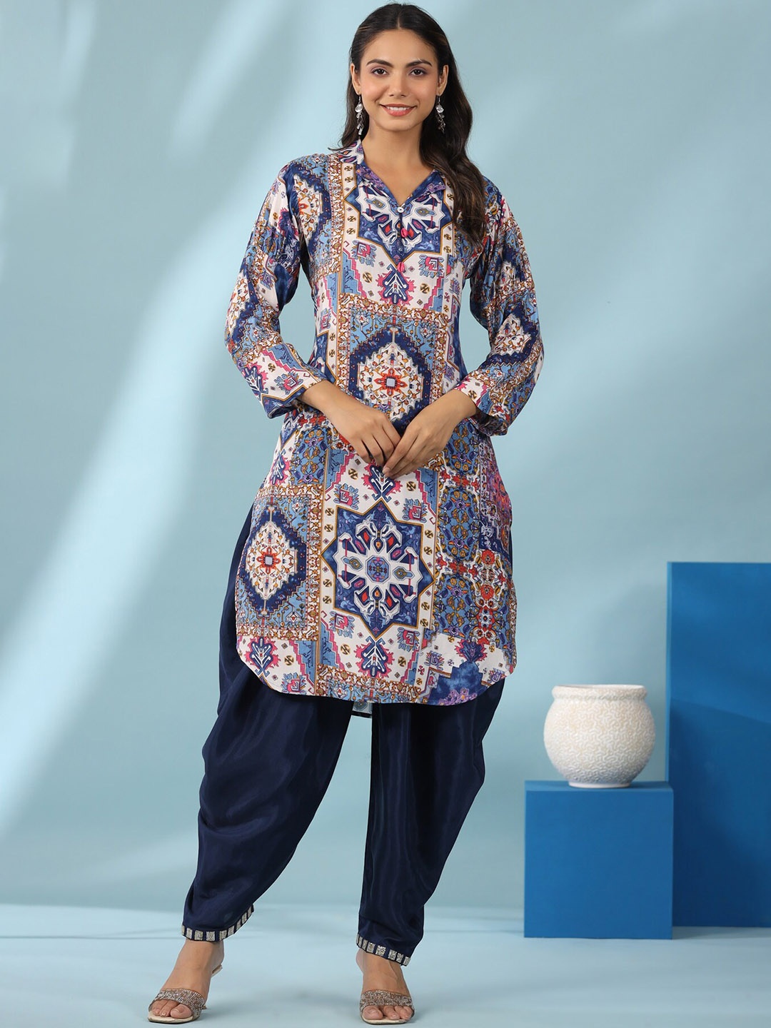 

JISORA Blue Ethnic Motifs Printed Pure Silk Tunic with Dhoti Pants