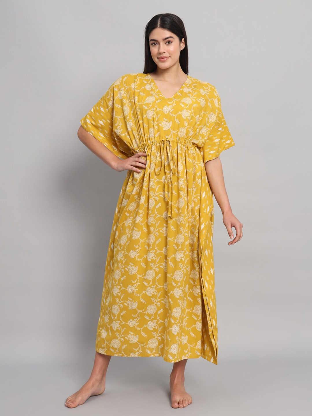 

HANDICRAFT PALACE Floral Printed Pure Cotton Maxi Kaftan Nightdress, Yellow