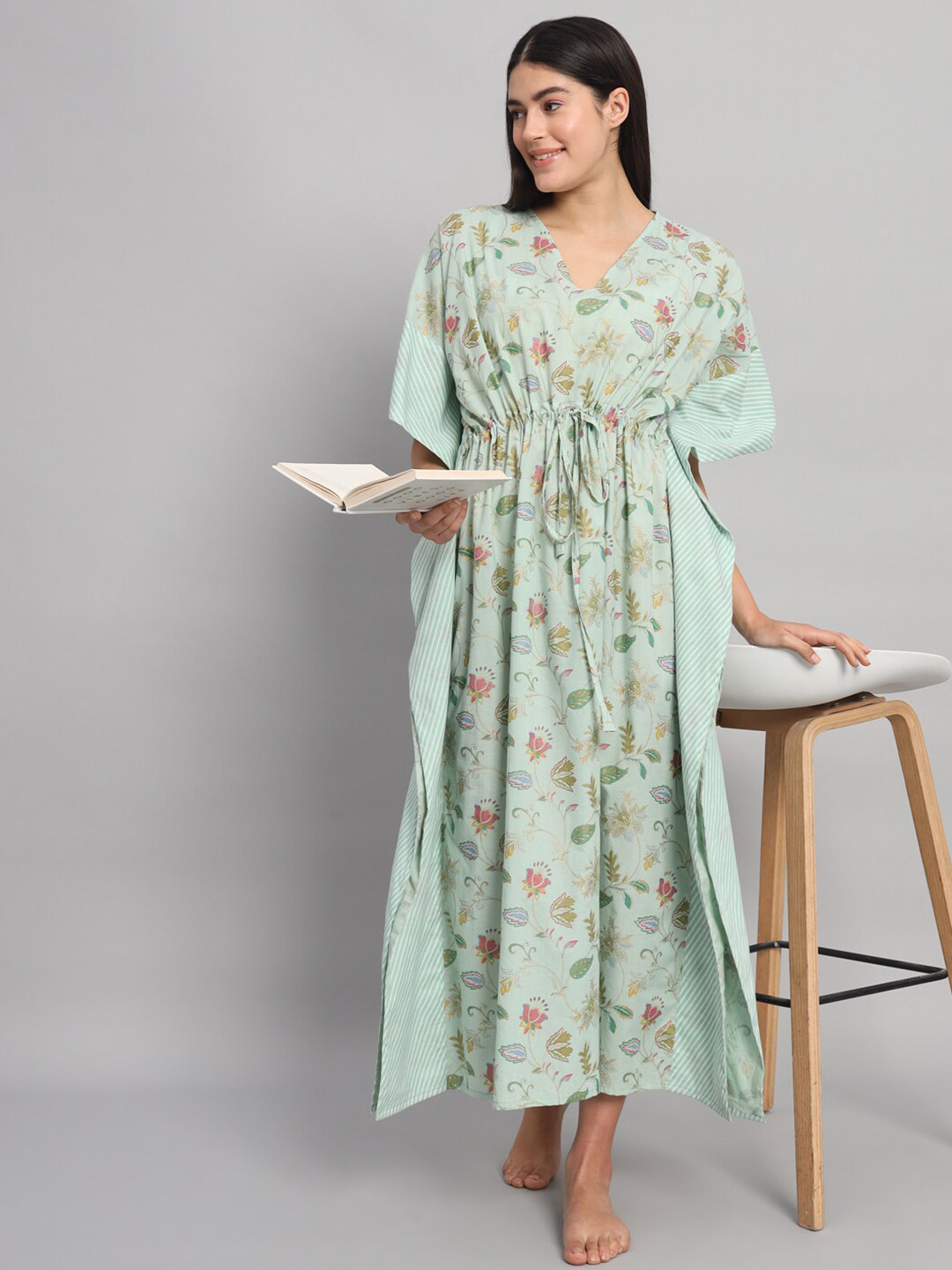 

HANDICRAFT PALACE Floral Printed Pure Cotton Maxi Kaftan Nightdress, Green