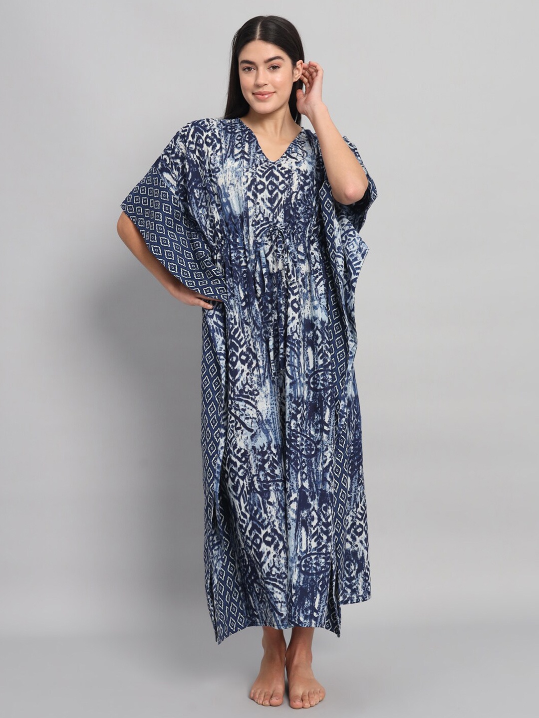 

HANDICRAFT PALACE Paisely Printed Pure Cotton Maxi Kaftan Nightdress, Blue