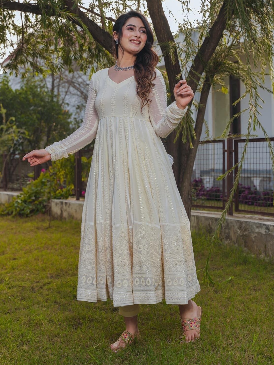 

Kandora Floral Embroidered V-Neck A-Line Dress, Cream
