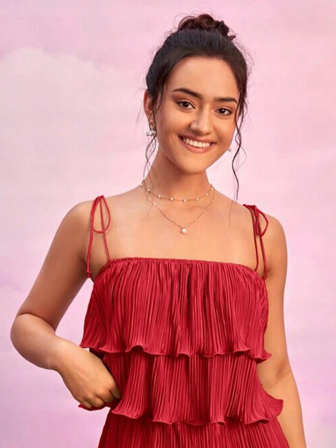 

Molly & Michel Shoulder Strap Tiered Satin Top, Red