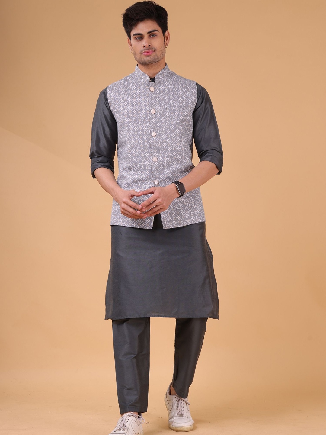 

SHIWAM ETHNIX Mandarin Collar Kurta with Pyjamas & Nehru Jacket, Charcoal