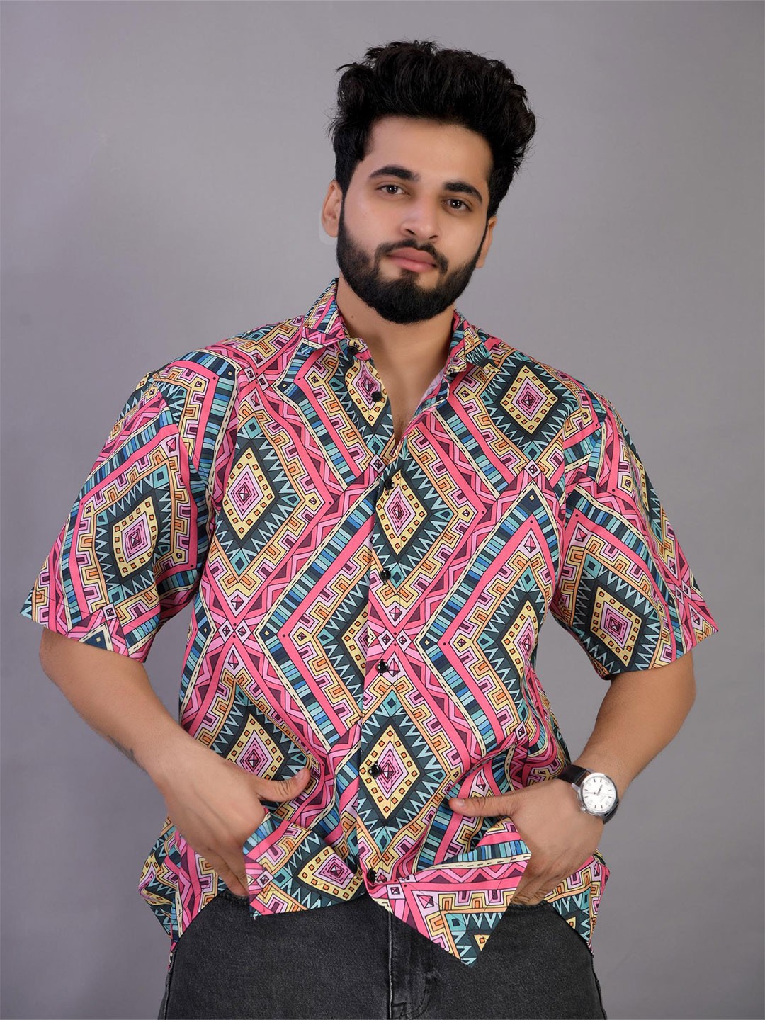 

BROWN BROTHERS Spread Collar Relaxed Geometric Printed Casual Shirt, Pink