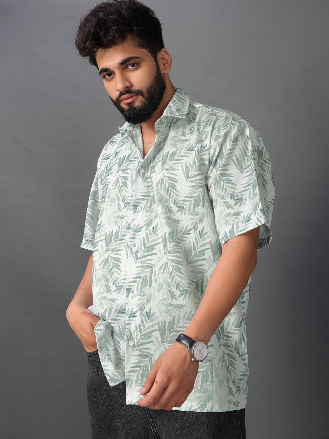 

BROWN BROTHERS Spread Collar Relaxed Floral Printed Casual Shirt, Green