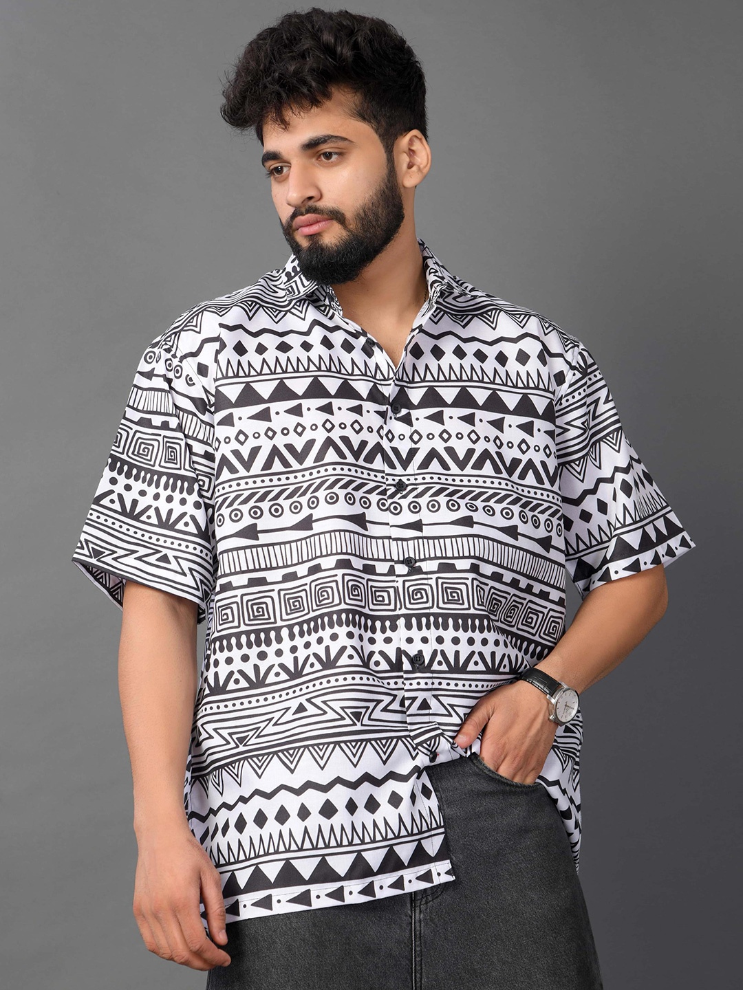 

BROWN BROTHERS Spread Collar Relaxed Printed Oversized Casual Shirt, White