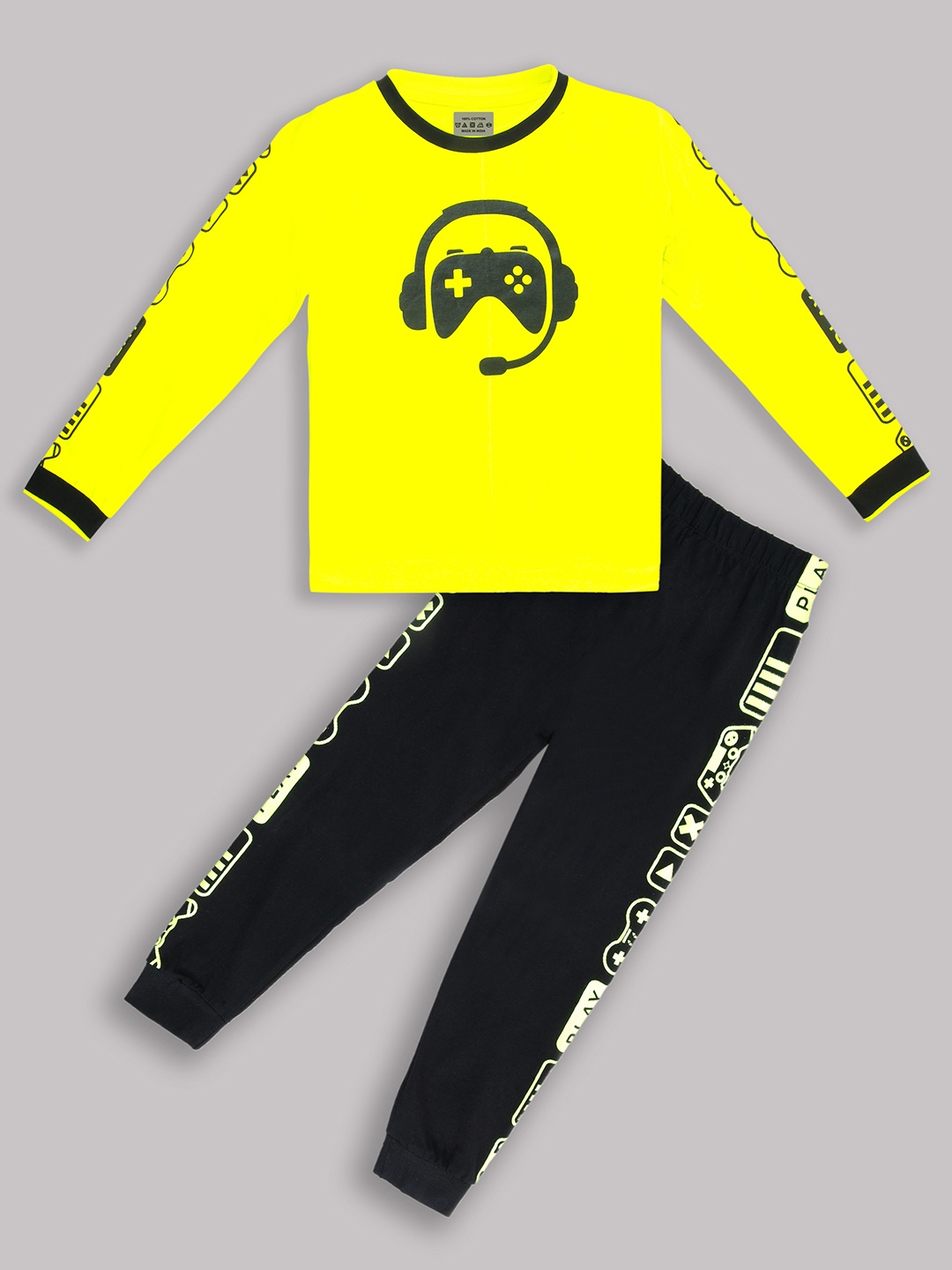 

BAESD Kids Graphic Printed Pure Cotton T-Shirt With Joggers Night suit, Yellow