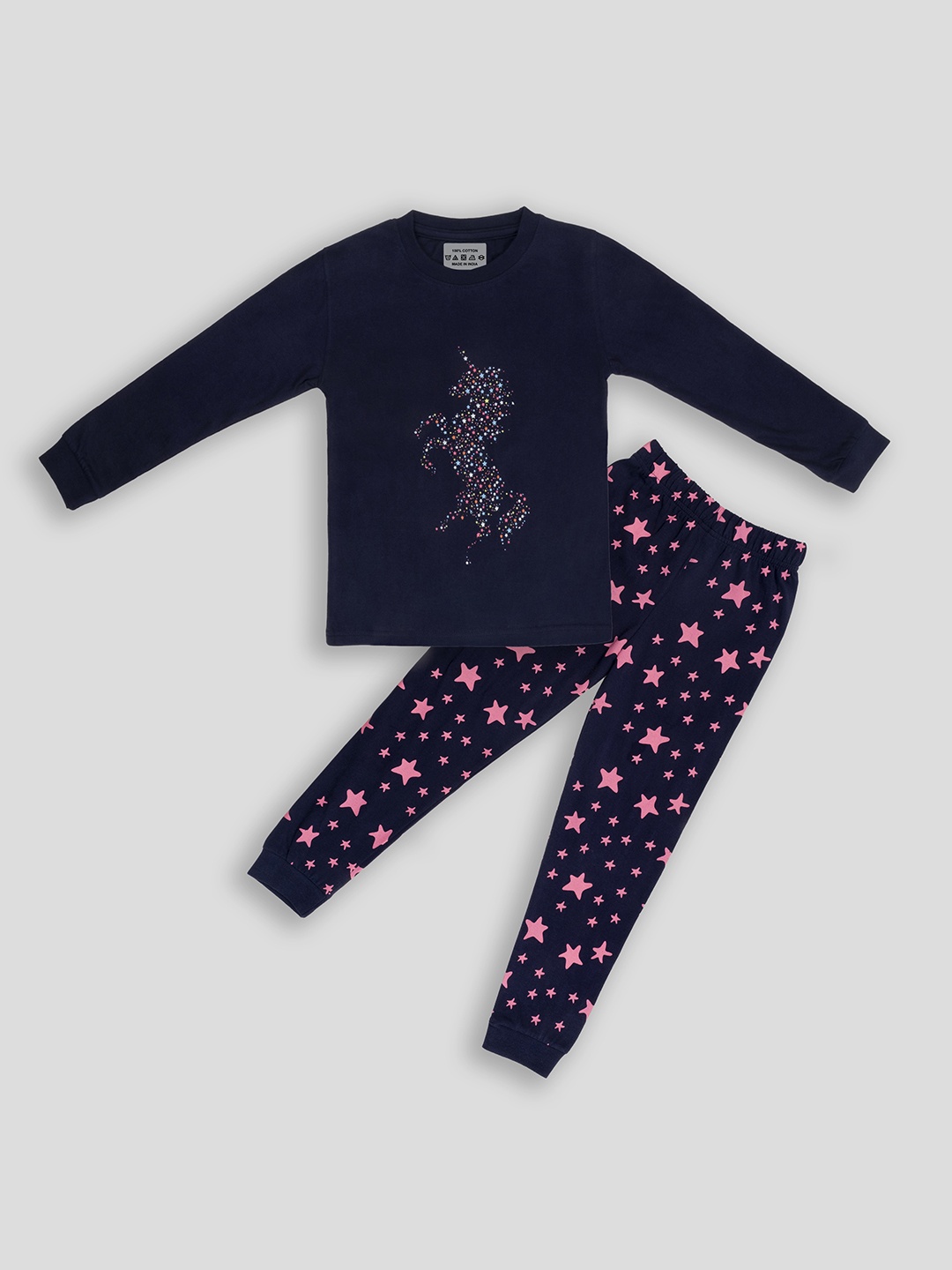 

BAESD Kids Graphic Printed Pure Cotton T-Shirt With Joggers Night suit, Navy blue