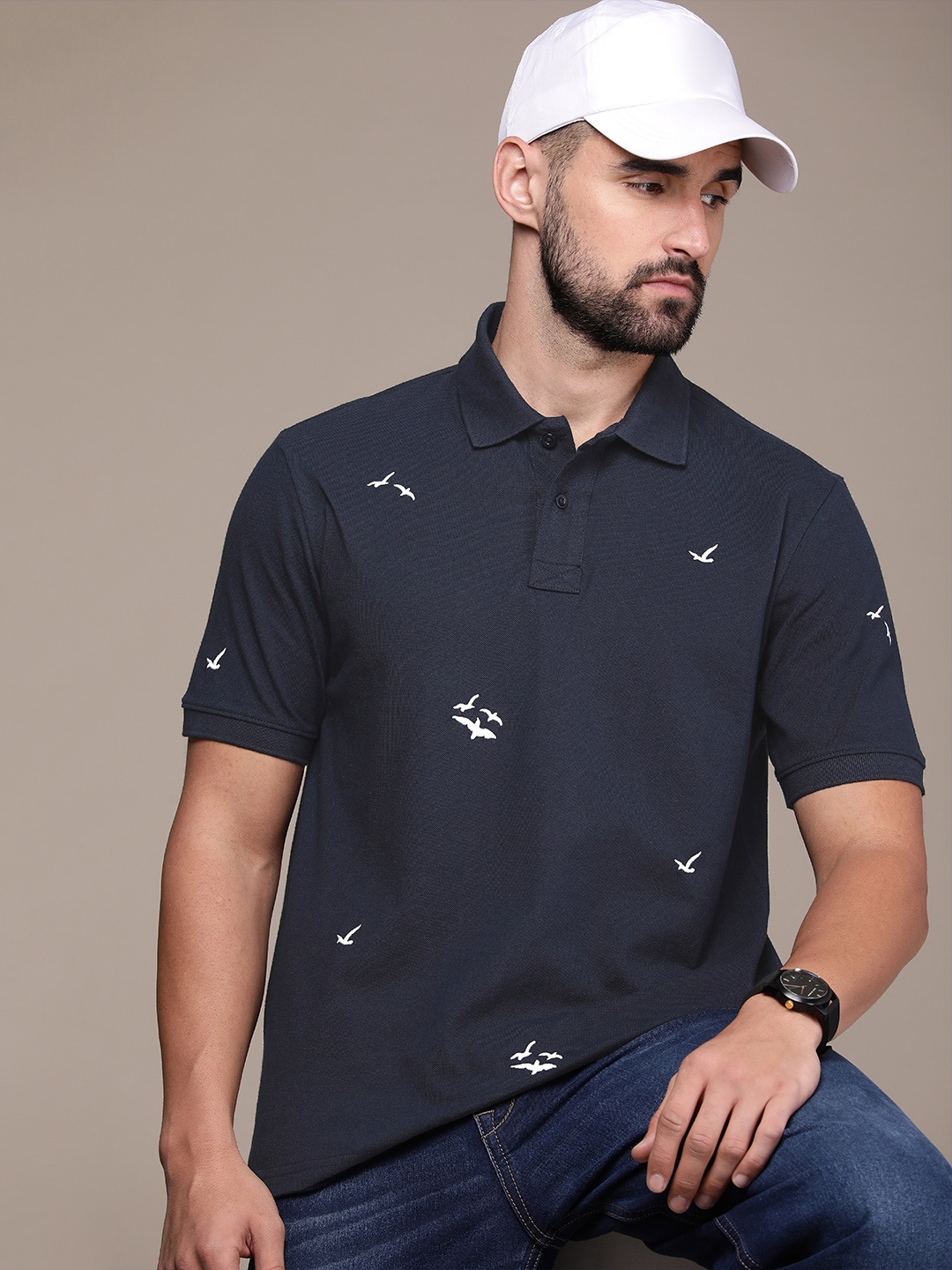 

Burnt Umber Men Printed Polo Collar T-shirt, Navy blue