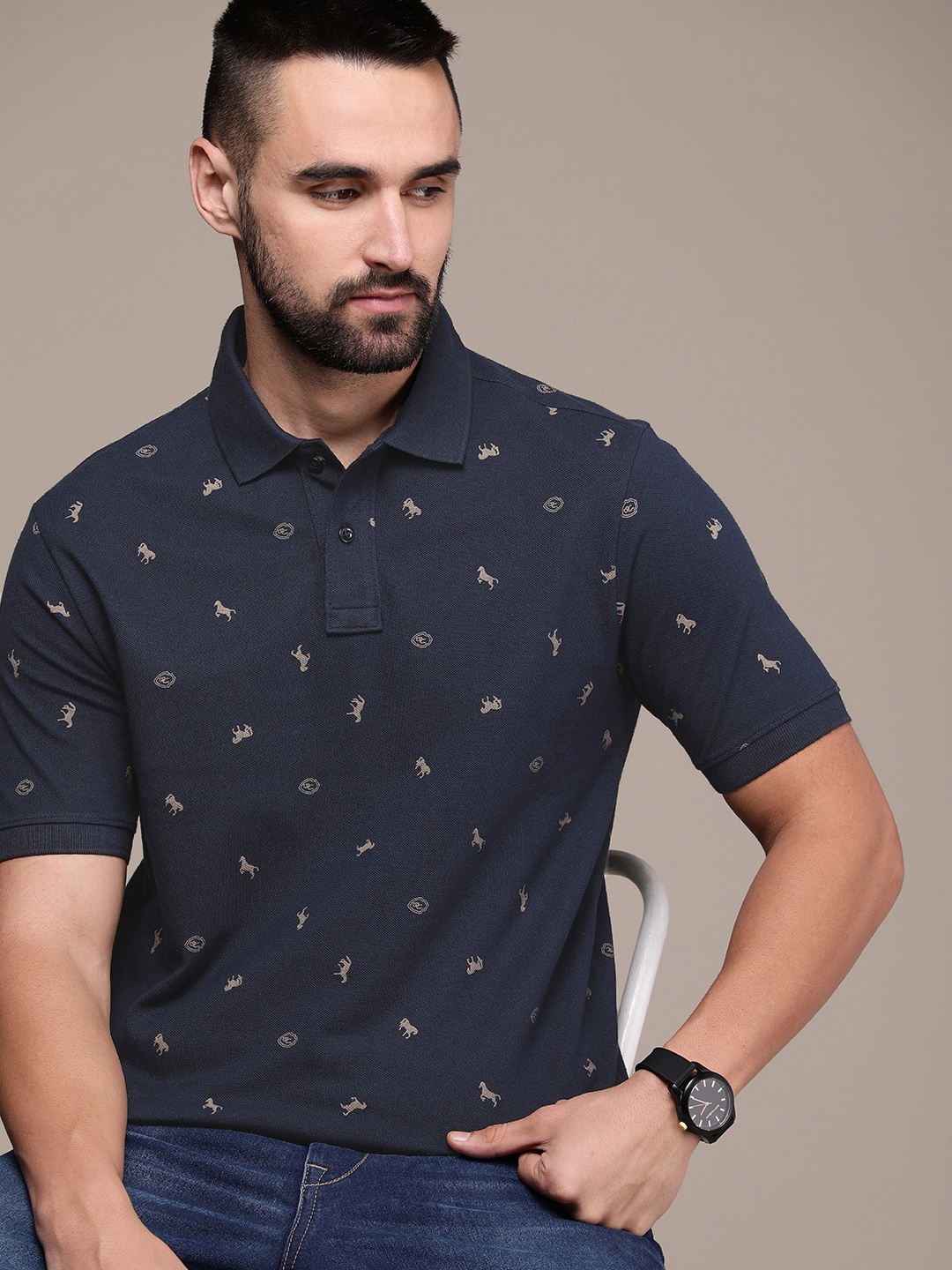 

Burnt Umber Men Printed Polo Collar T-shirt, Navy blue