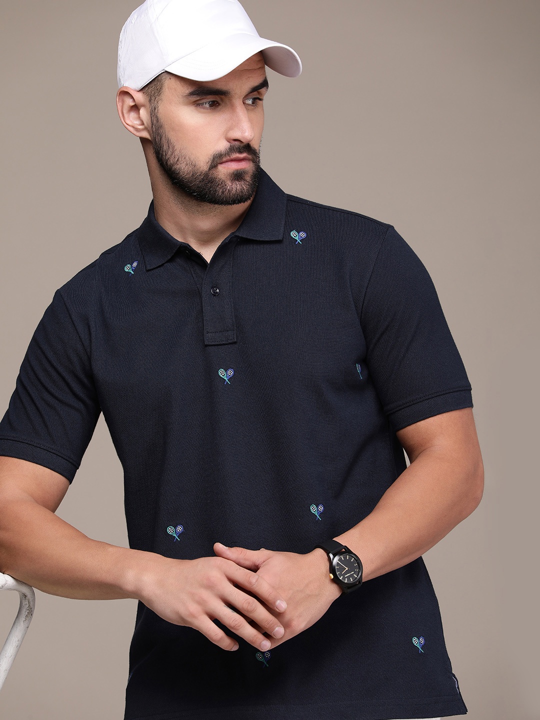 

Burnt Umber Men Printed Polo Collar T-shirt, Navy blue