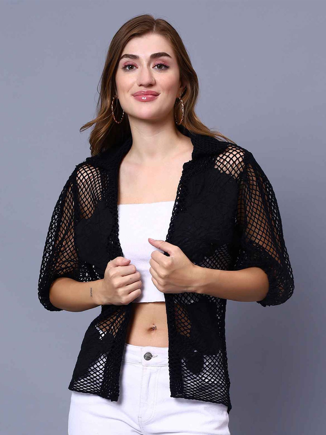 

Amagyaa Self Design Sheer Cotton Open Front Shrug, Black