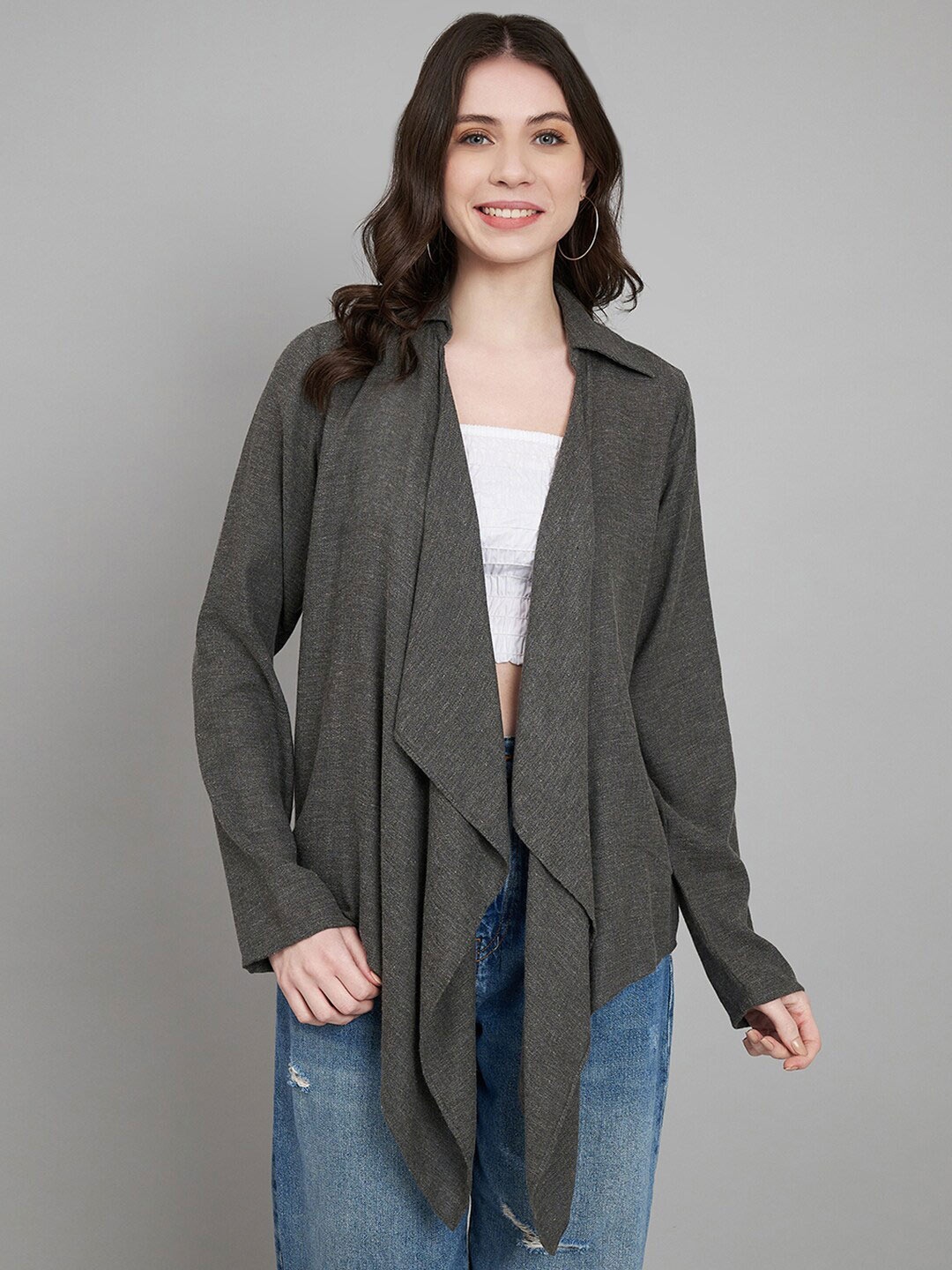 

Amagyaa Long Sleeves Cotton Waterfall Shrug, Grey