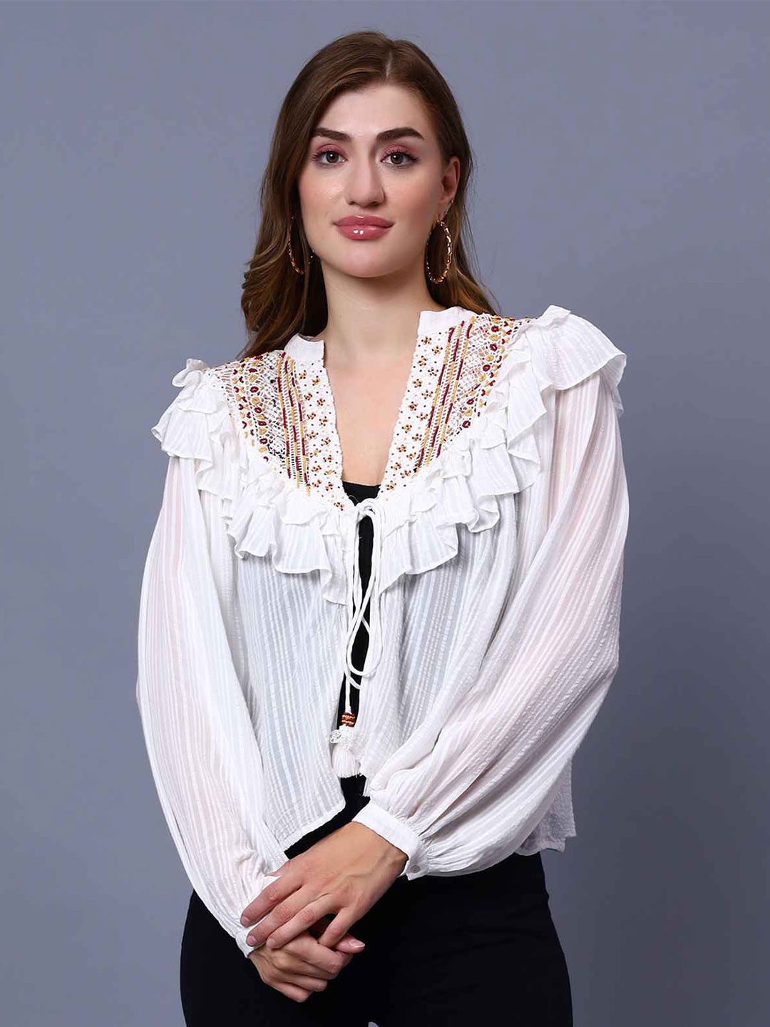 

Amagyaa Self Design Embroidered Cotton Tie-Up Shrug, White