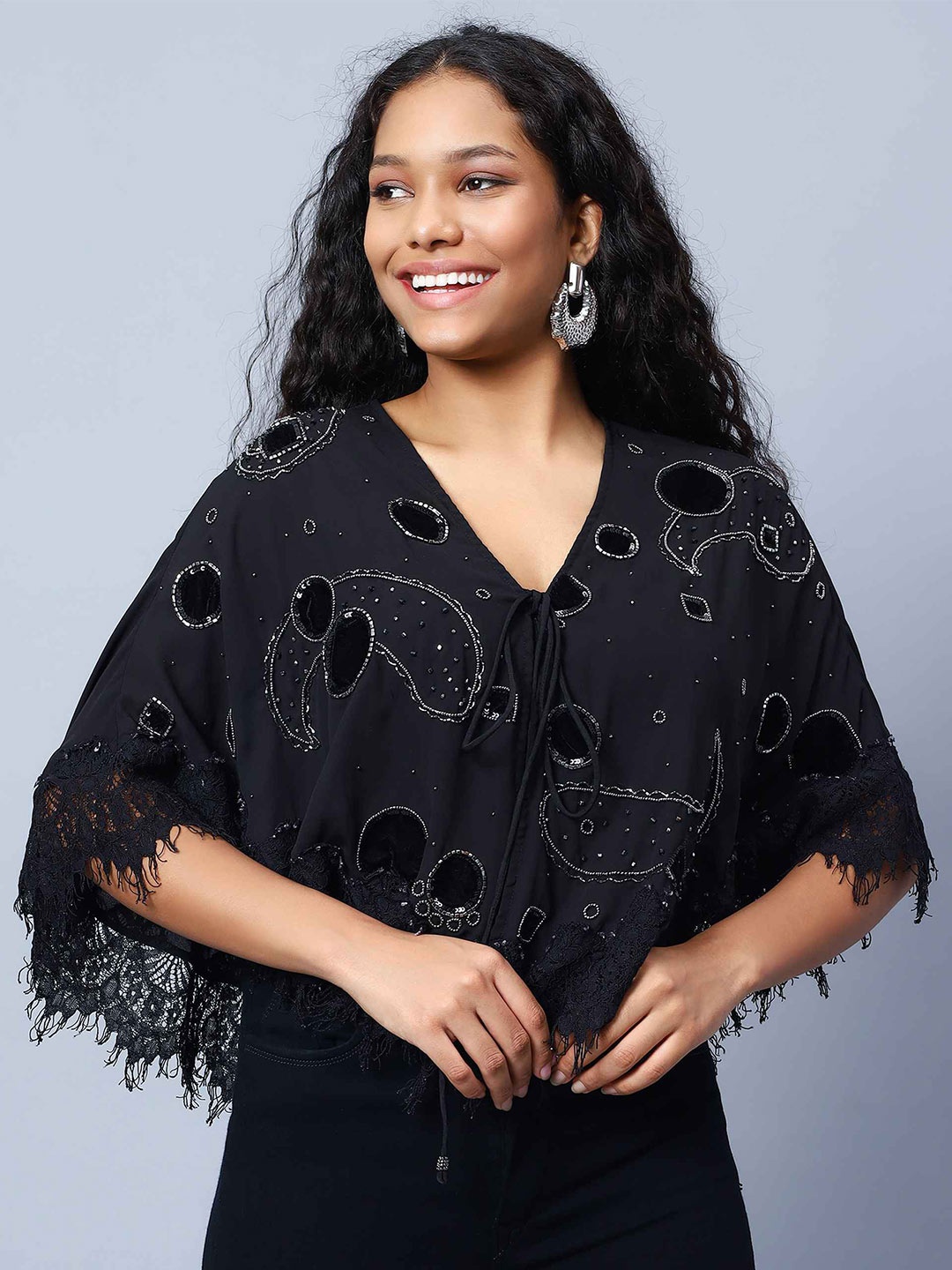 

Amagyaa Self Design Embellished Tie-Up Shrug, Black