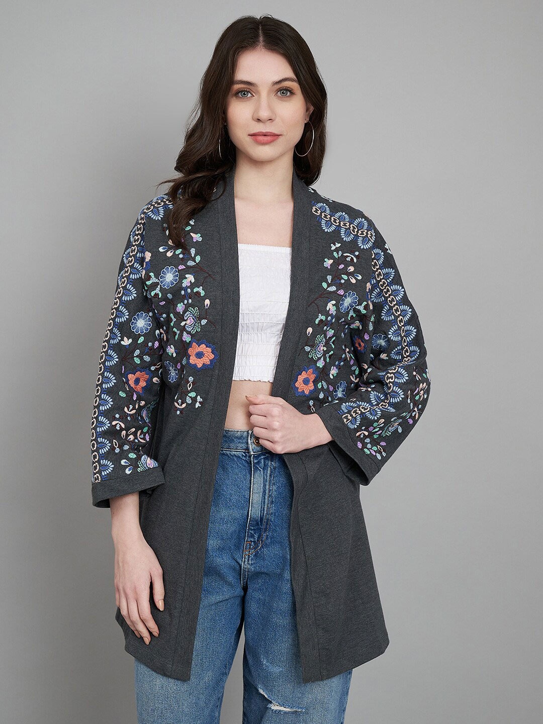 

Amagyaa Embroidered Longline Cotton Open Front Shrug, Grey