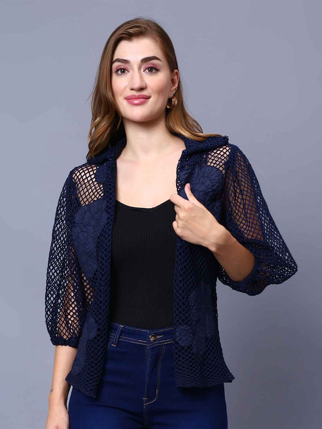 

Amagyaa Self Design Sheer Cotton Open Front Shrug, Navy blue