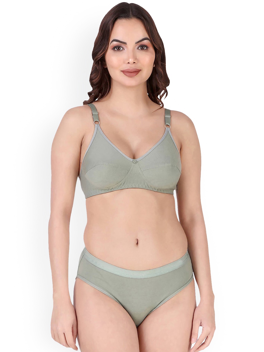 

In-Curve Breathable Cotton Non-Padded Bra With Basic Briefs, Green