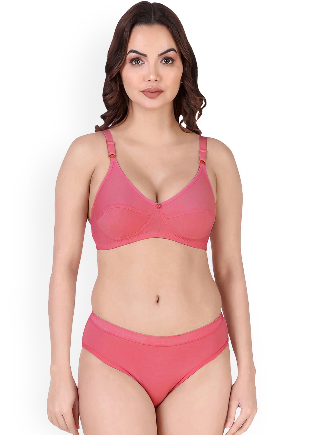 In-Curve Breathable Cotton Non Padded Bra With Basic Briefs, Red
