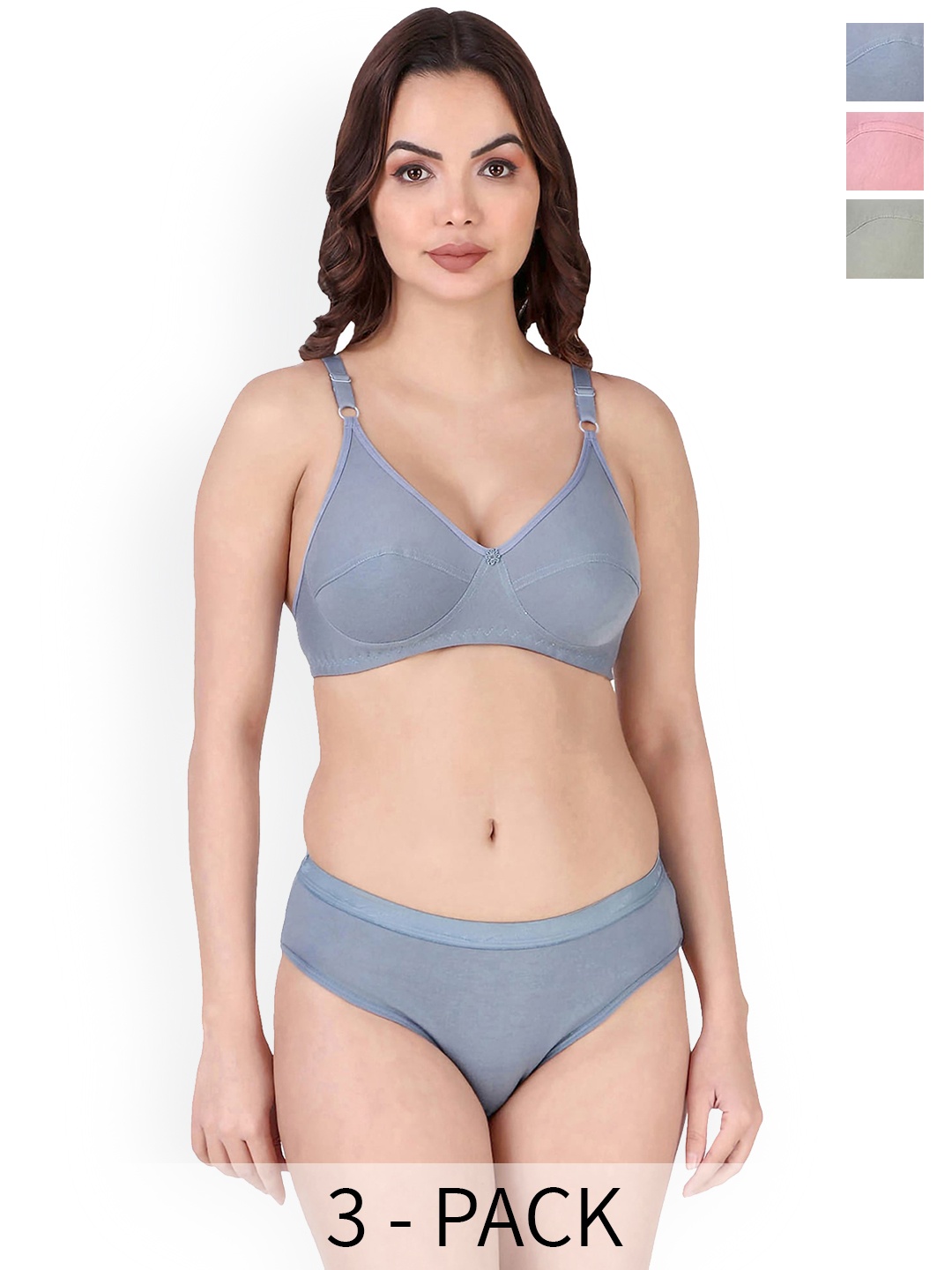 

In-Curve Pack of 3 Breathable Cotton Lingerie Set, Blue
