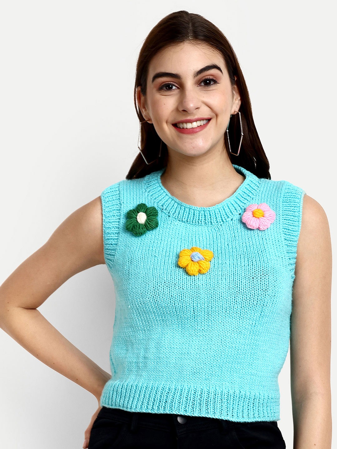 

WINDROP SOLUTIONS Applique Detailed Acrylic Sweater Vest, Turquoise blue