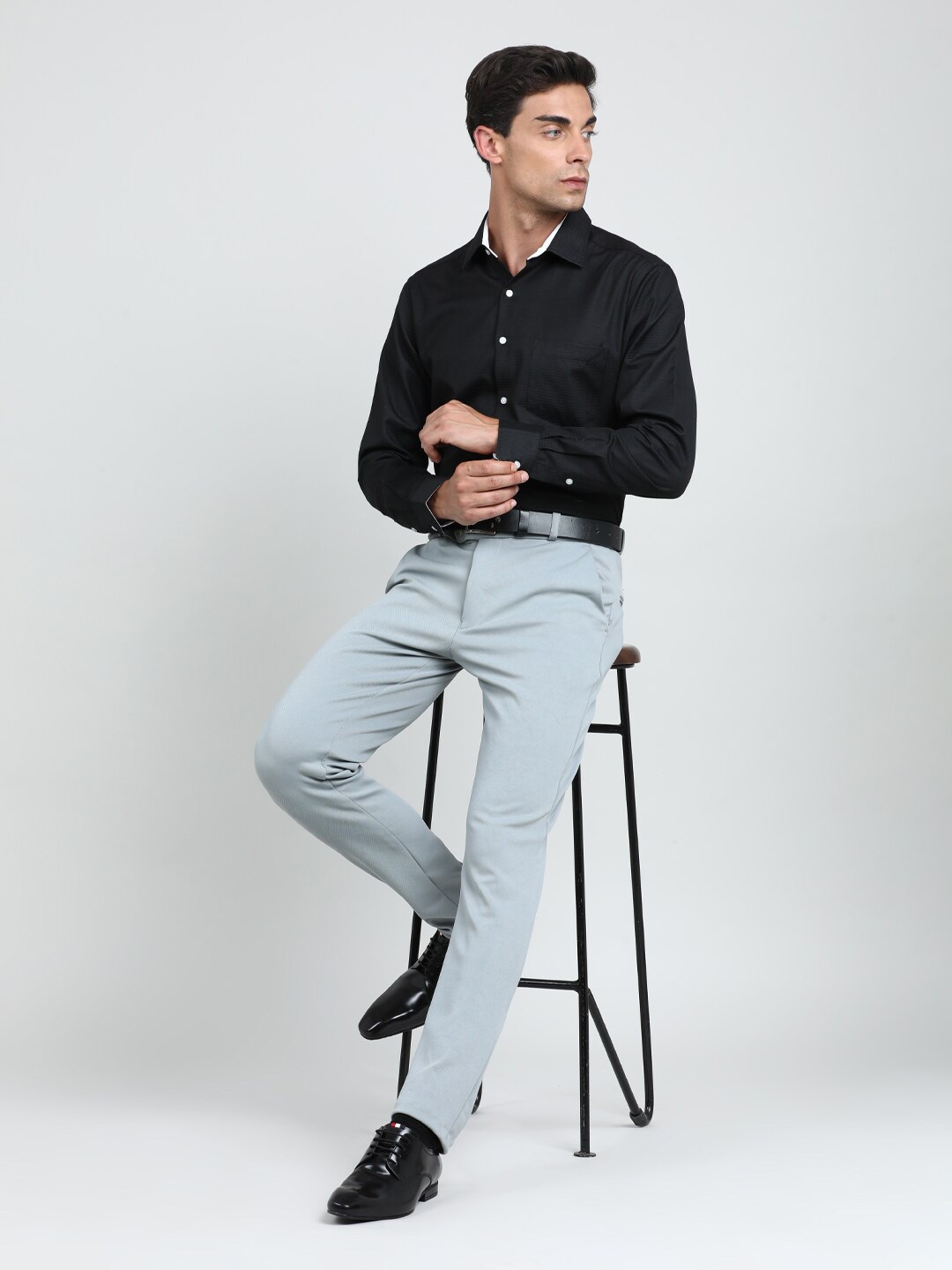 

IVOC Self Design Textured Spread Collar Formal Shirt, Black