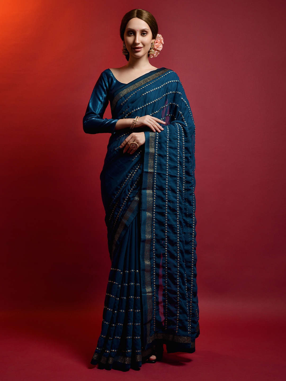 

all about you Striped Sequinned Pure Georgette Saree, Blue