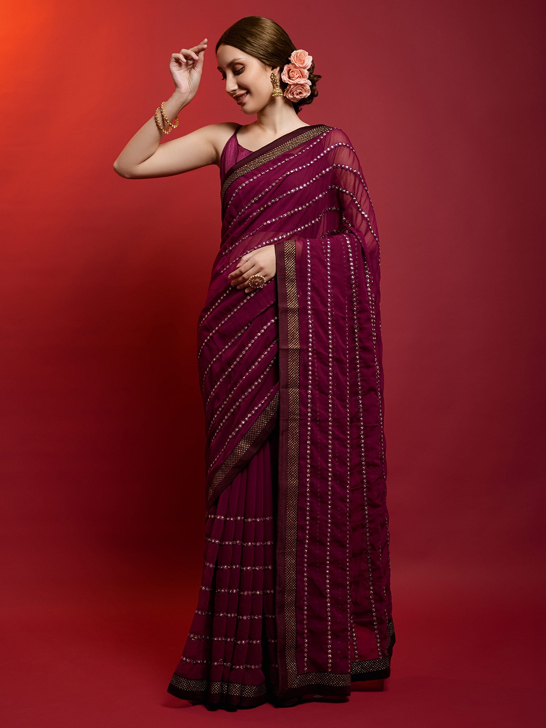 

all about you Striped Sequinned Pure Georgette Saree, Purple