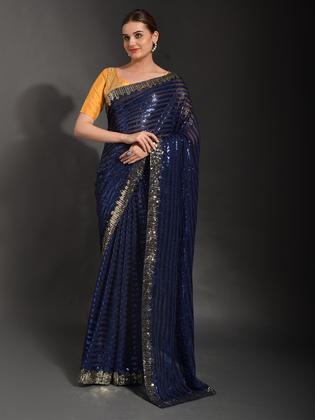 

all about you Striped Embroidered Sequinned Pure Georgette Saree, Blue