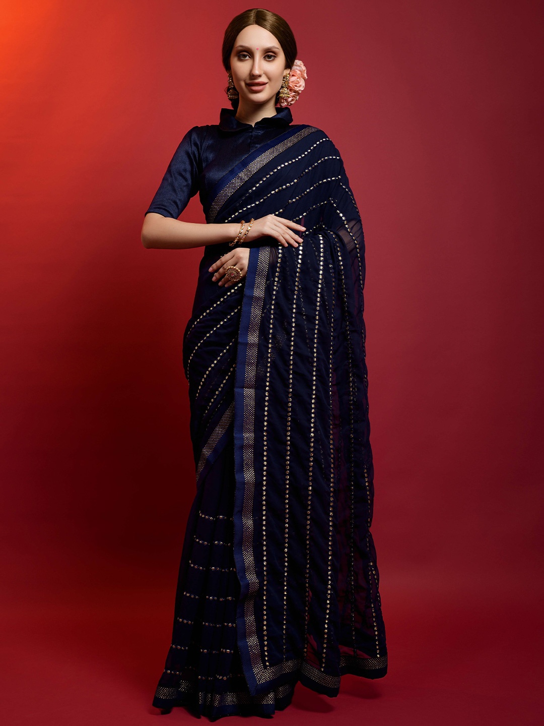 

all about you Striped Embellished Sequinned Pure Georgette Saree, Navy blue