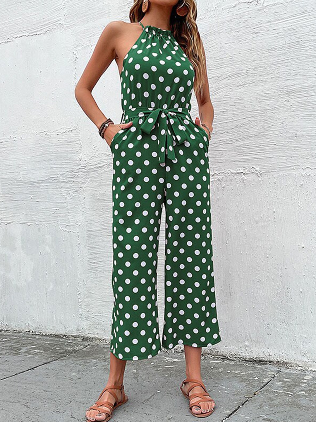 

StyleCast Green Polka Printed Halter Neck Basic Jumpsuit