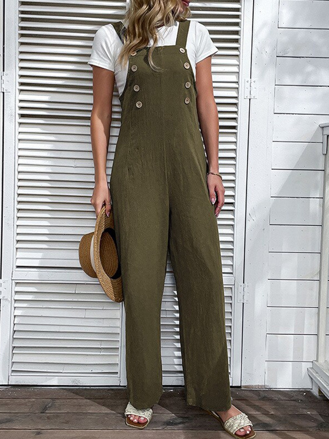 

StyleCast Olive Green Shoulder Straps Cotton Basic Jumpsuit