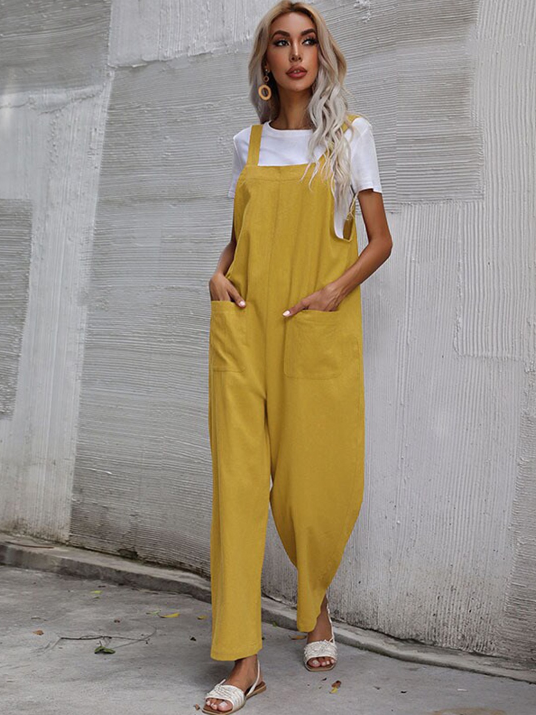 

StyleCast Mustard Shoulder Strap Cotton Basic Jumpsuit