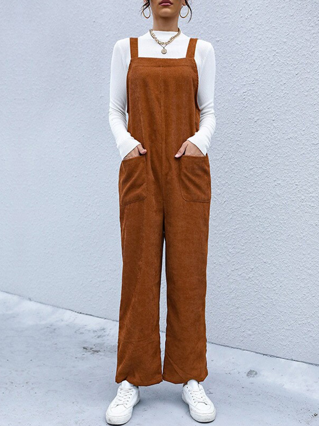 

StyleCast Brown Shoulder Strap Corduroy Basic Jumpsuit