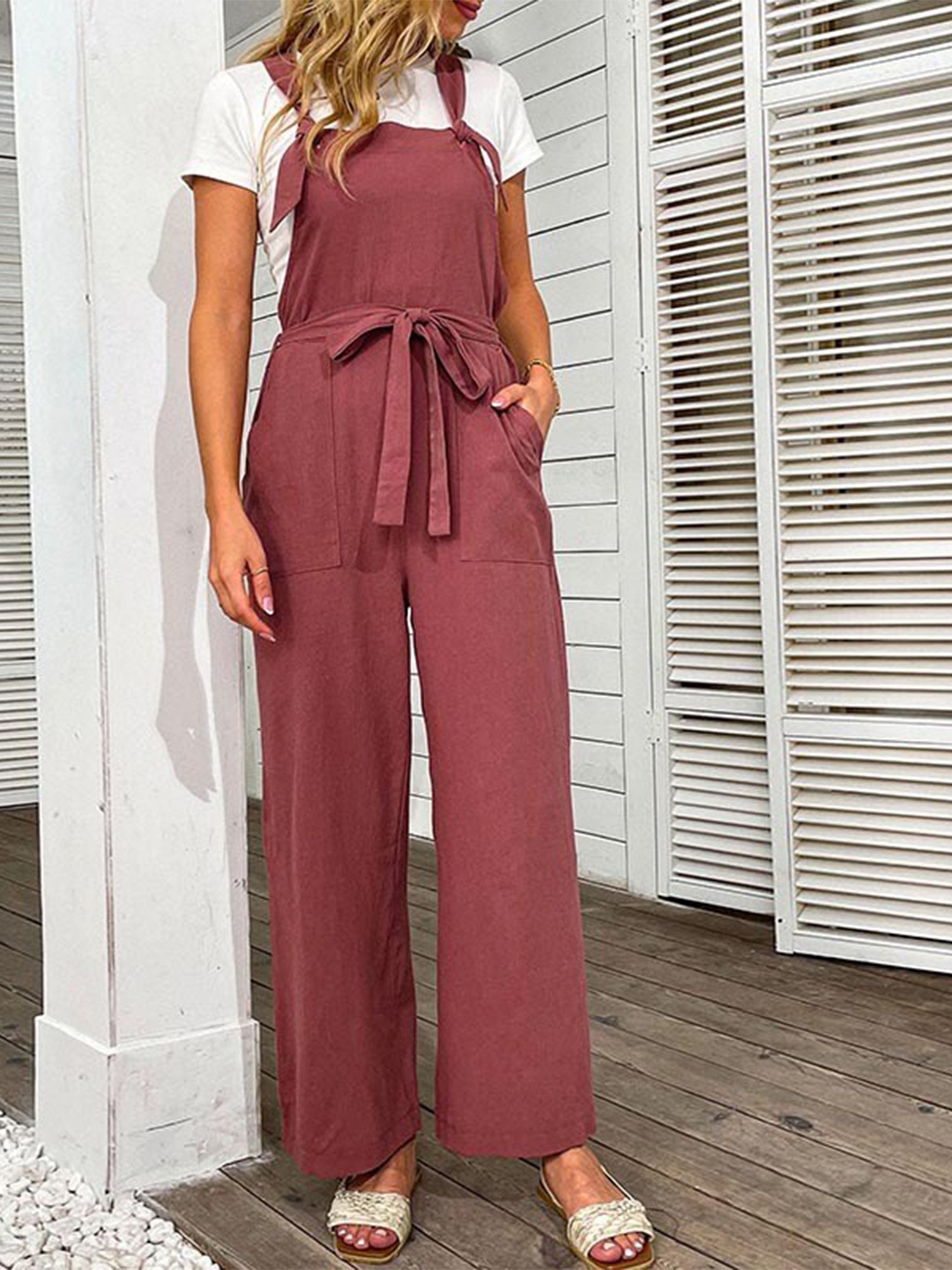 

StyleCast Rust Shoulder Strap Waist Tie-Ups Basic Jumpsuit