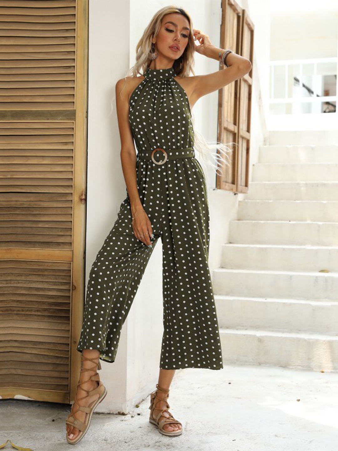 

StyleCast Olive Green Halter Neck Printed Basic Jumpsuit