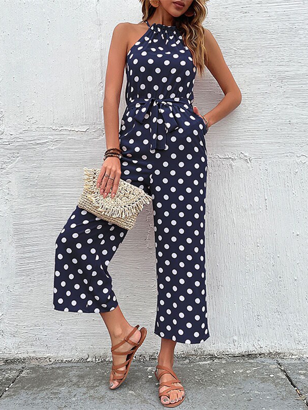 

StyleCast Navy Blue Polka Printed Halter Neck Basic Jumpsuit