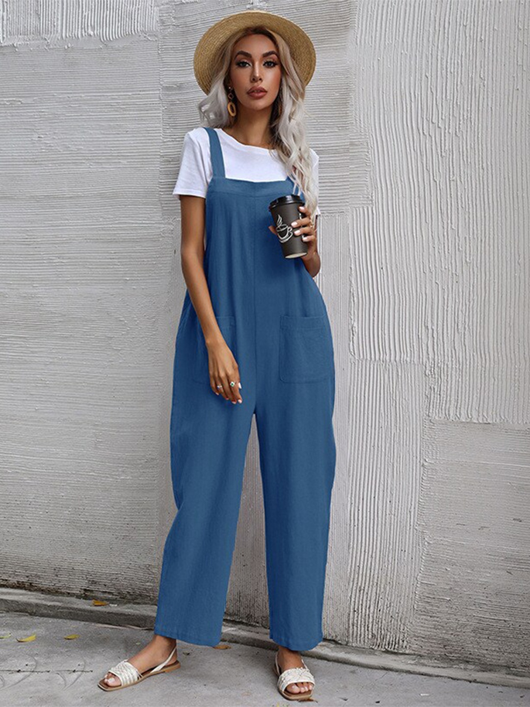 

StyleCast Blue Shoulder Straps Cotton Basic Jumpsuit