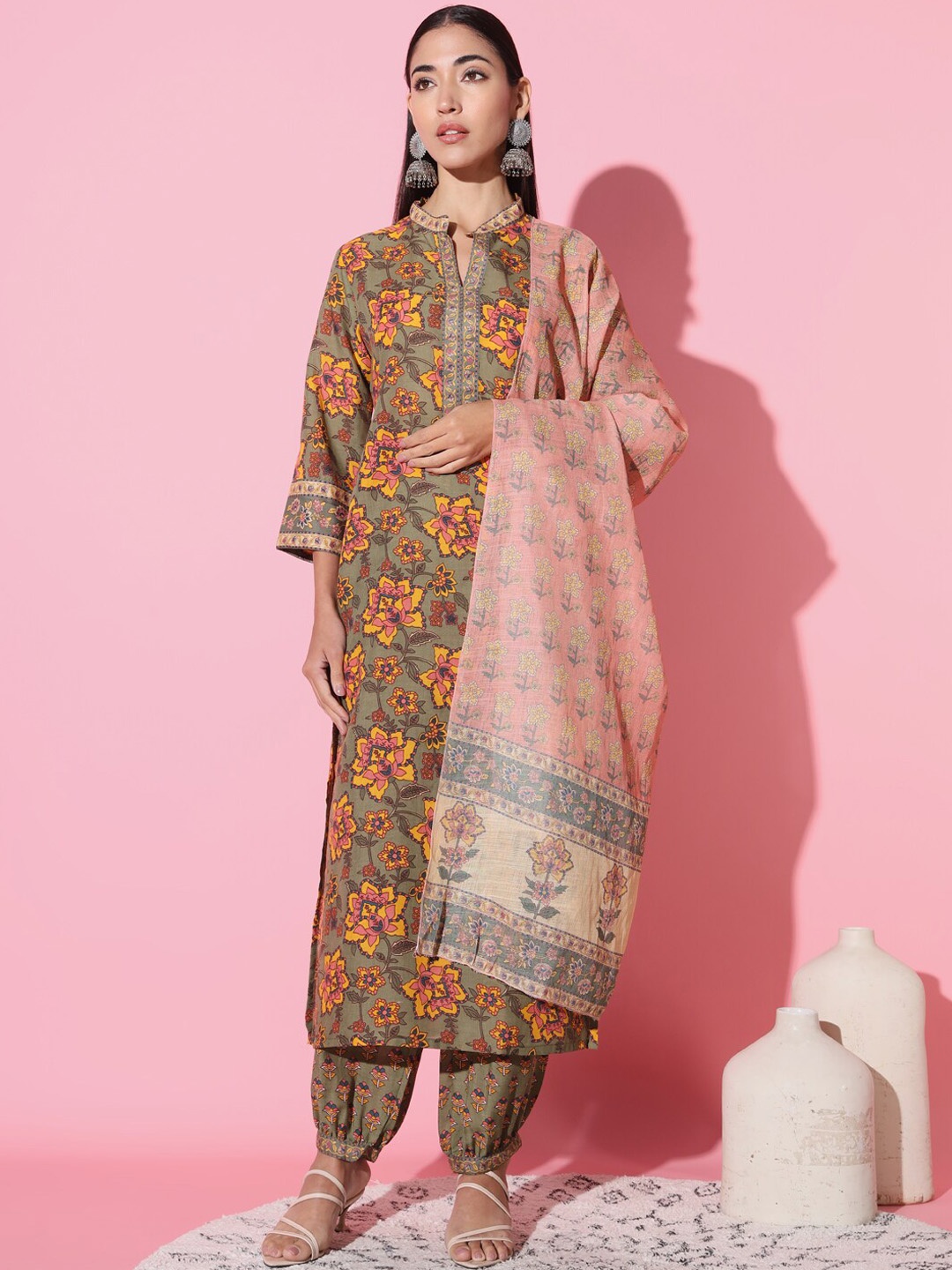 

THE52 Floral Printed Mandarin Collar Regular Kurta with Salwar & Dupatta, Olive