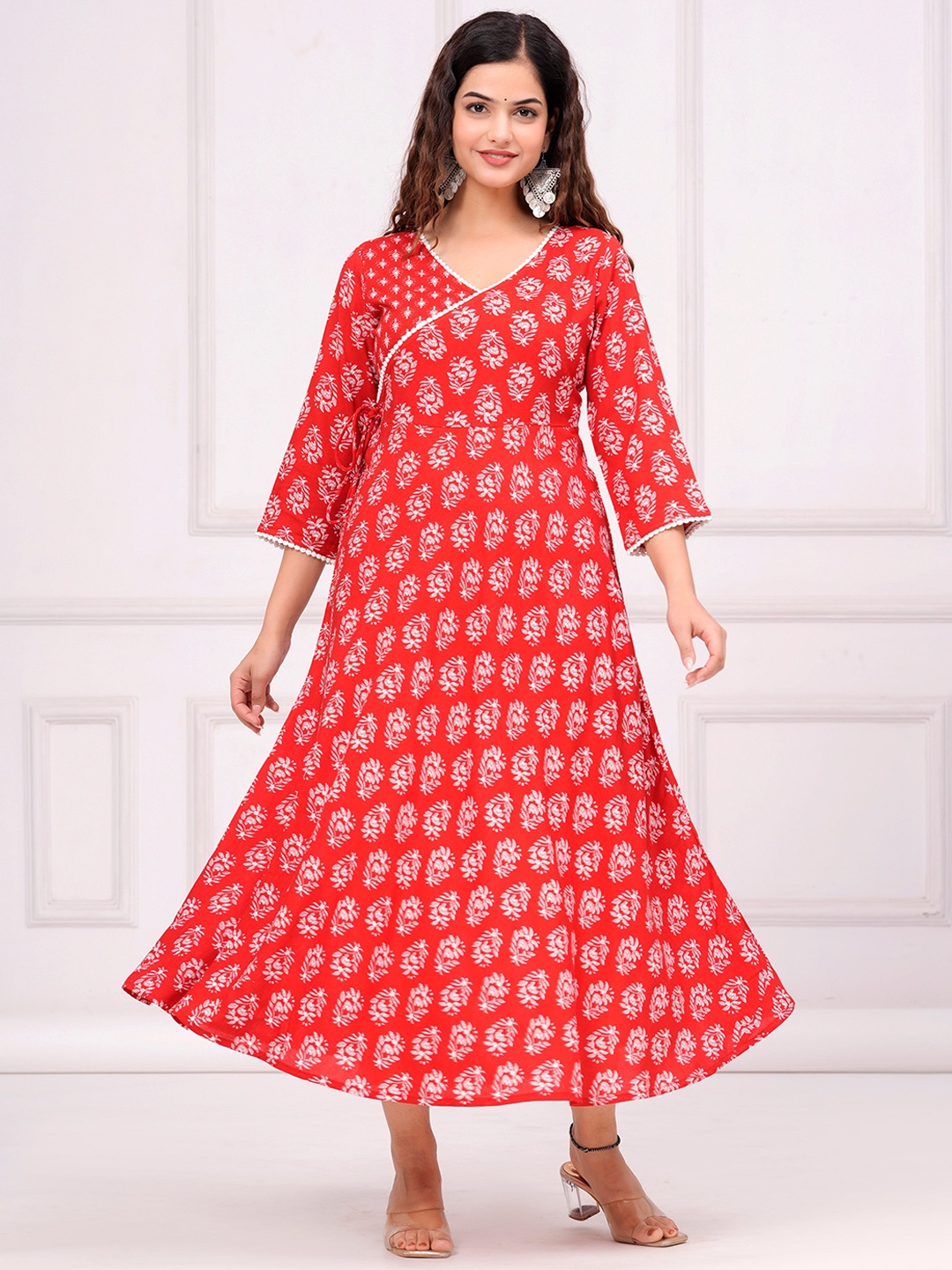 

INDIANIC Ethnic Motifs Printed V-Neck A-Line Midi Ethnic Dress, Red