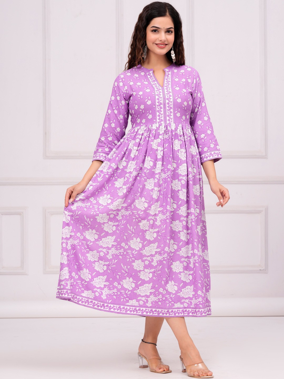 

INDIANIC Floral Printed Mandarin Collar Anarkali Kurta, Lavender