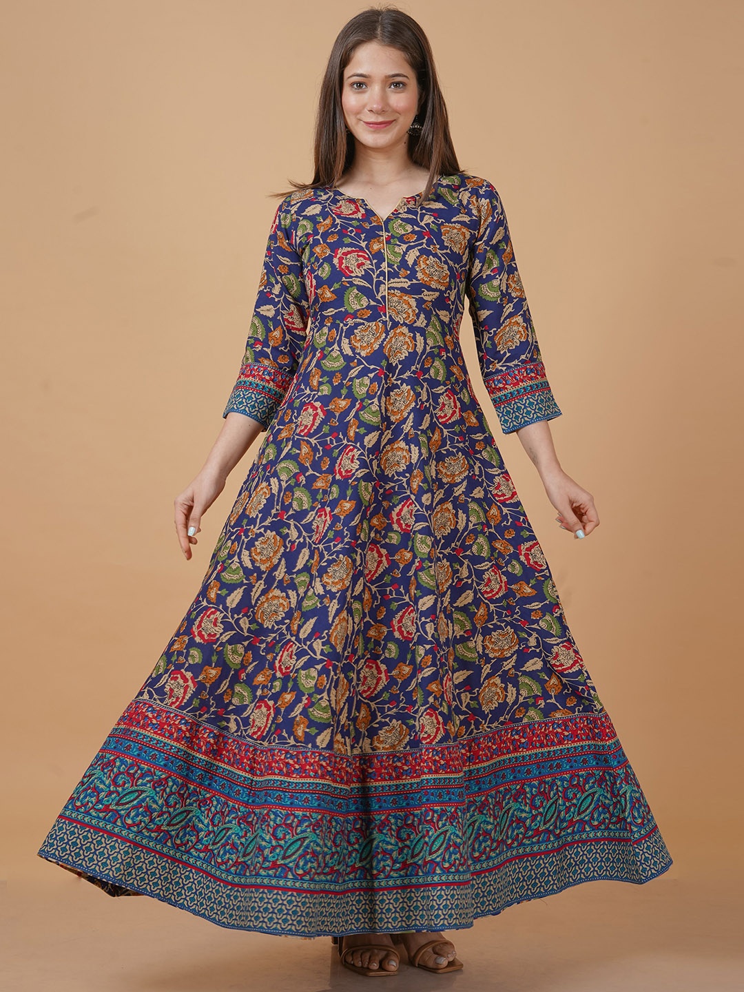 

INDIANIC Floral Printed Notch Neck Anarkali Kurta, Blue