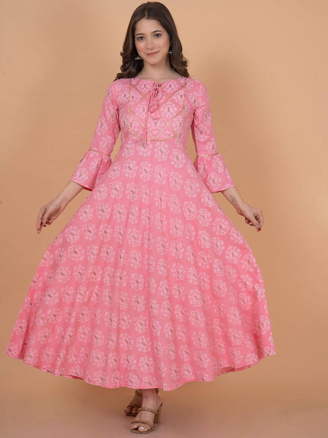 

INDIANIC Ethnic Motifs Printed Tie-Up Neck Bell Sleeves Maxi Ethnic Dress, Pink