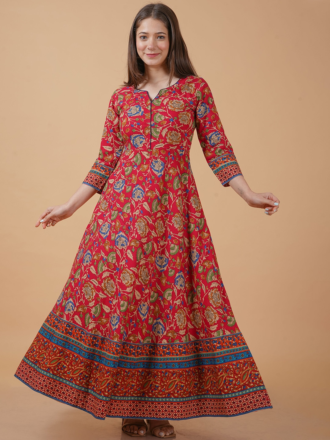 

INDIANIC Floral Printed Notch Neck Regular Sleeves Anarkali Empire Kurta, Red