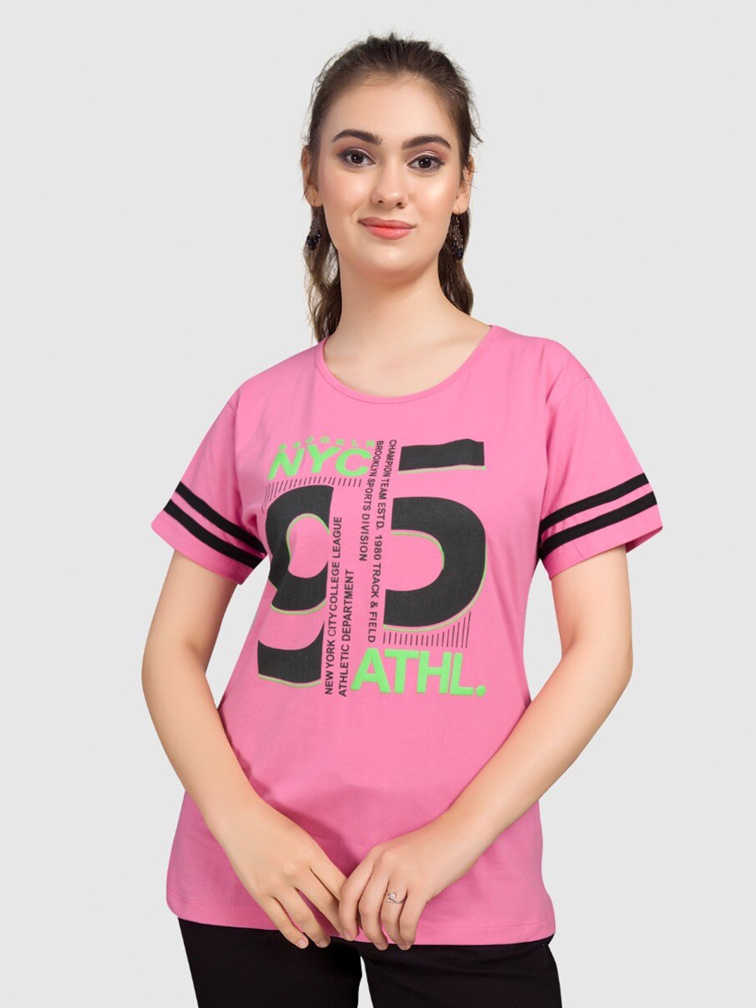 

BAESD Varsity Printed Round Neck Pure Cotton T-shirt, Pink