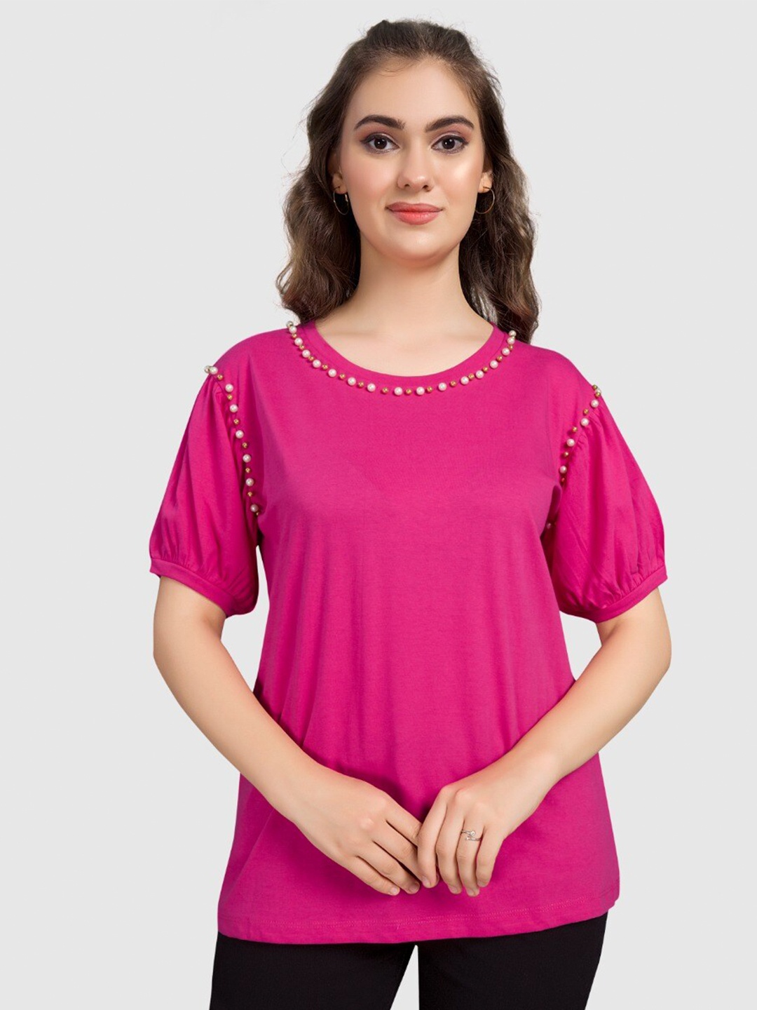 

BAESD Round Neck Puff Sleeve Beaded Cotton Regular Top, Pink