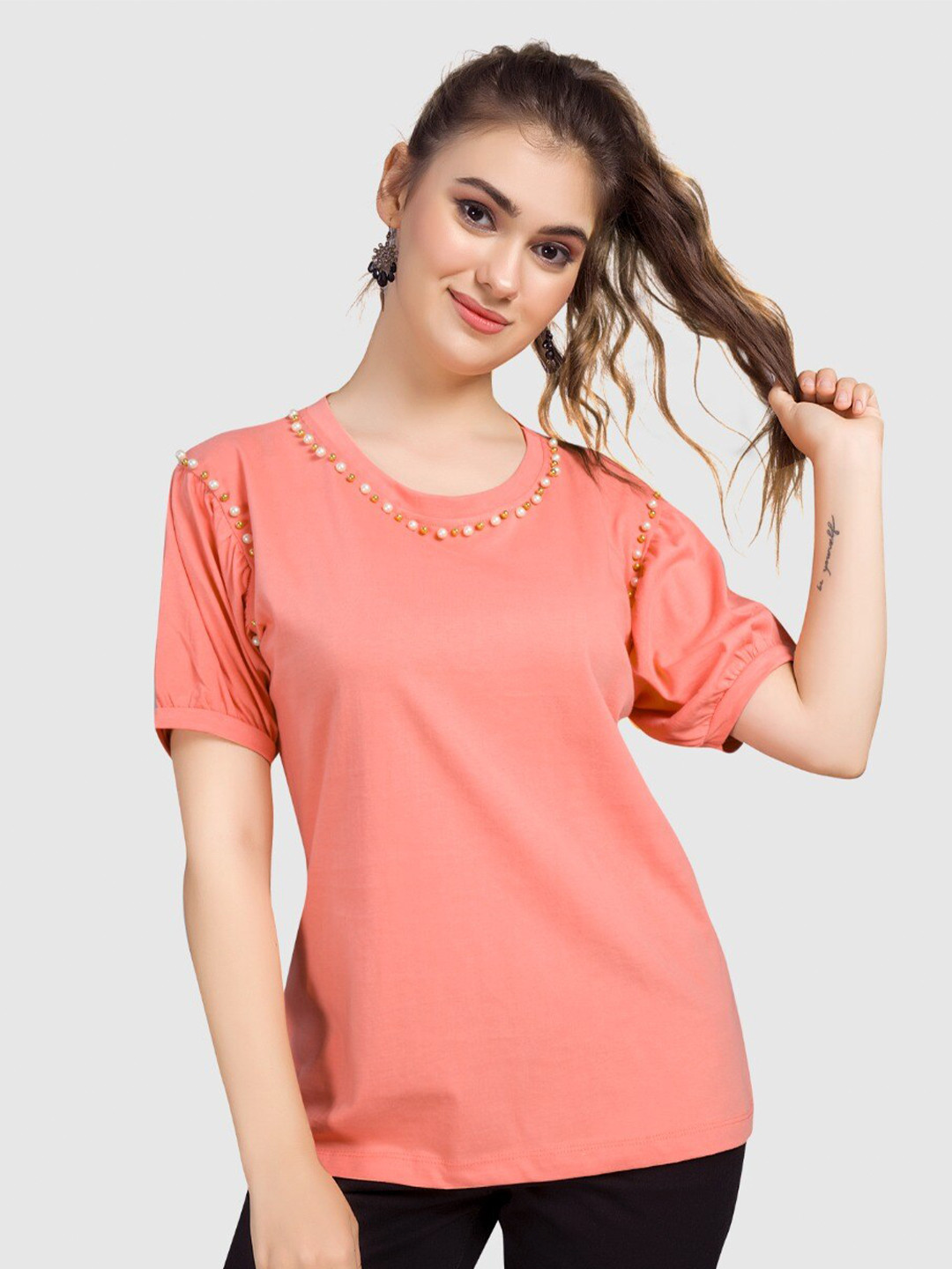 

BAESD Round Neck Puff Sleeve Beaded Cotton Regular Top, Coral
