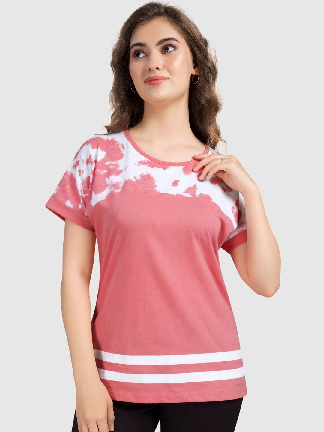 

BAESD Abstract Printed Round Neck Pure Cotton T-shirt, Pink