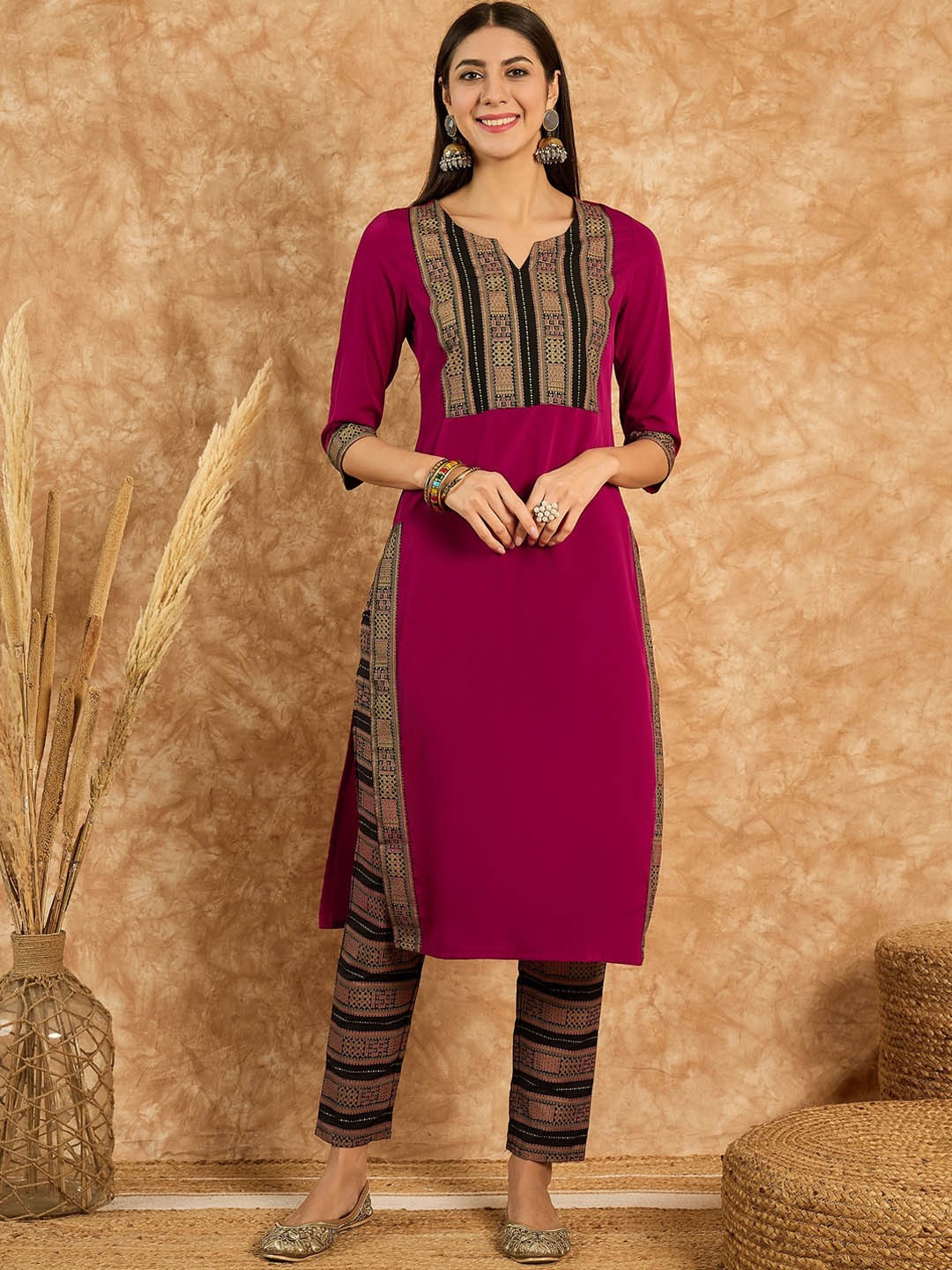 

ZIYAA Geometric Printed Straight Kurta with Trousers, Maroon