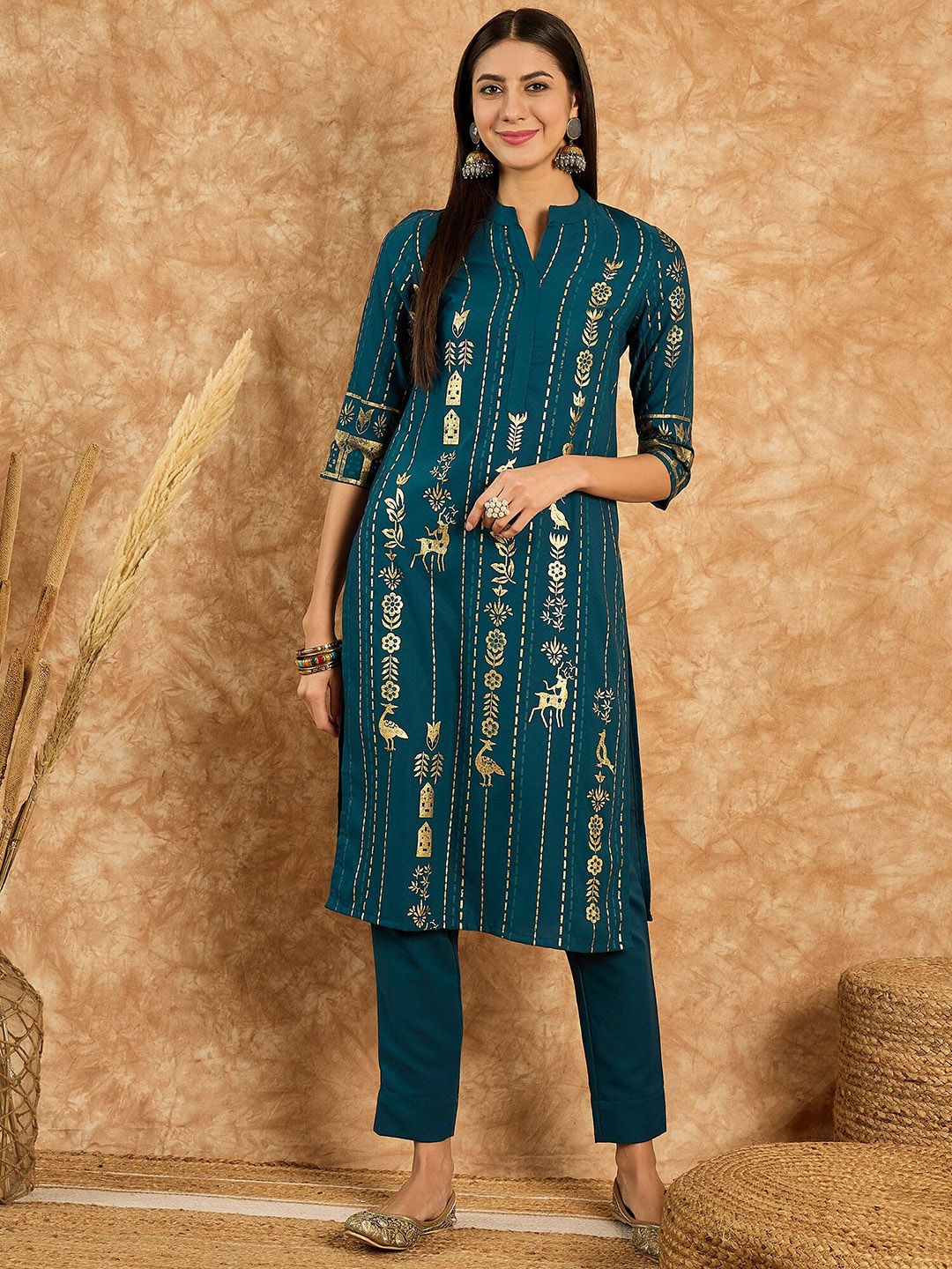 

ZIYAA Floral Printed Mandarin Collar Kurta with Trousers, Teal